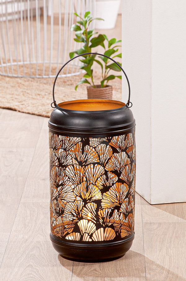 Lantern Ginkgo Metal Black with Handle