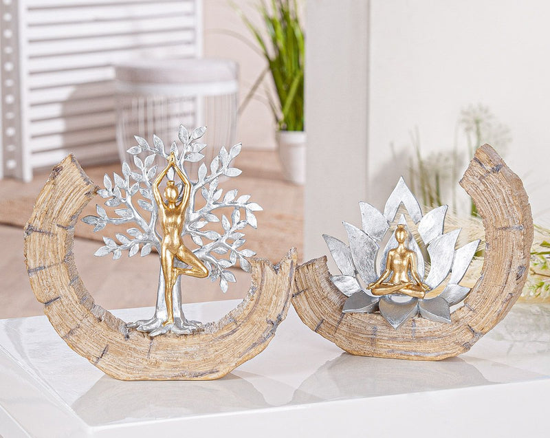 Yoga Skulpturen Set Namaste – Baum & Lotus, Gold & Silber Akzente, 2-teilig