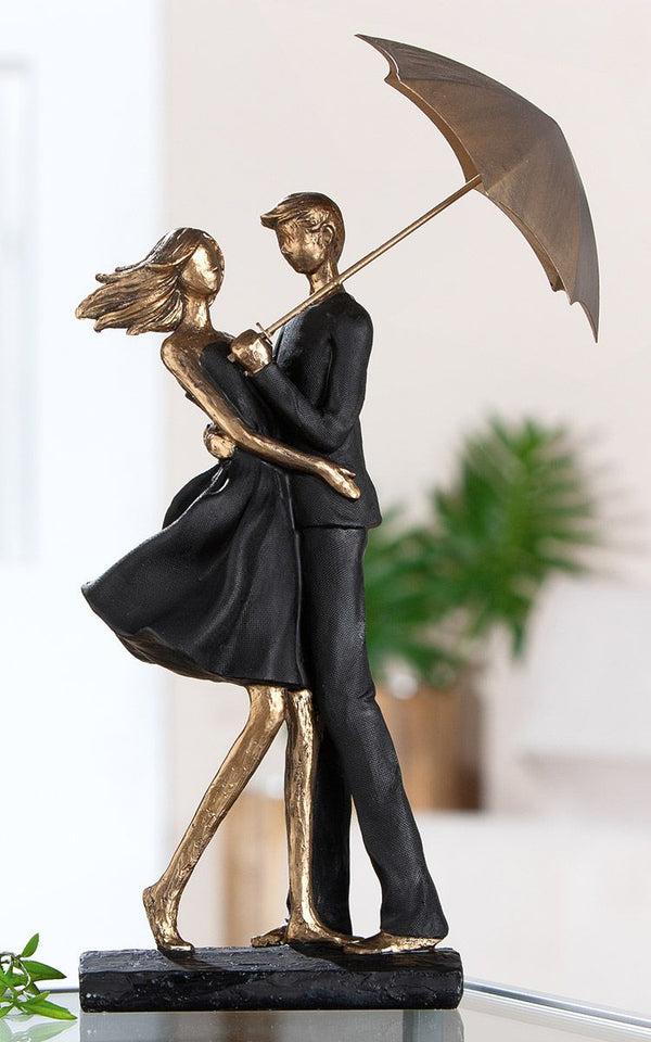 Sculpture Rain with couple and umbrella in black and gold, 36.5 cm high