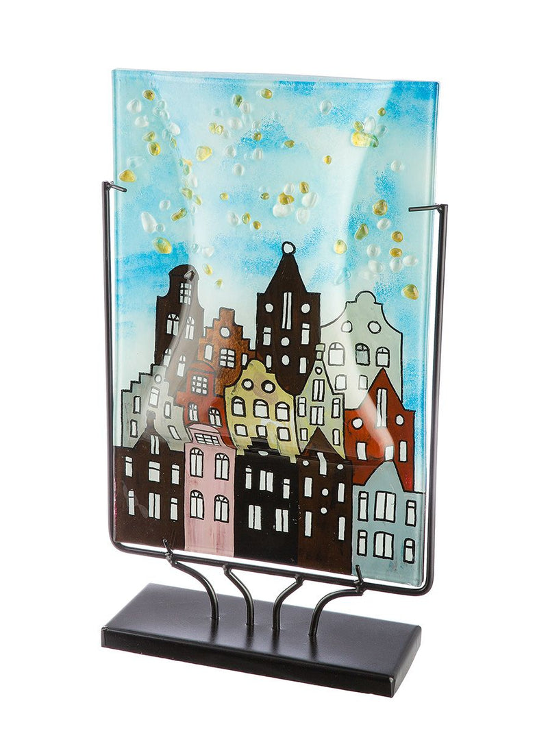 Glasvase Stadtlichter rechteckig mit Hausmotiv 45 cm