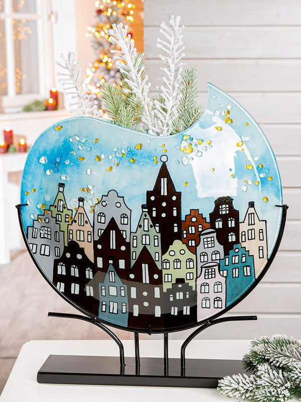 Round glass vase city lights with house motif 51 cm