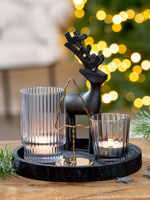 Modern decoration ensemble "Golden Tree" with deer and fir tree motif tea lights