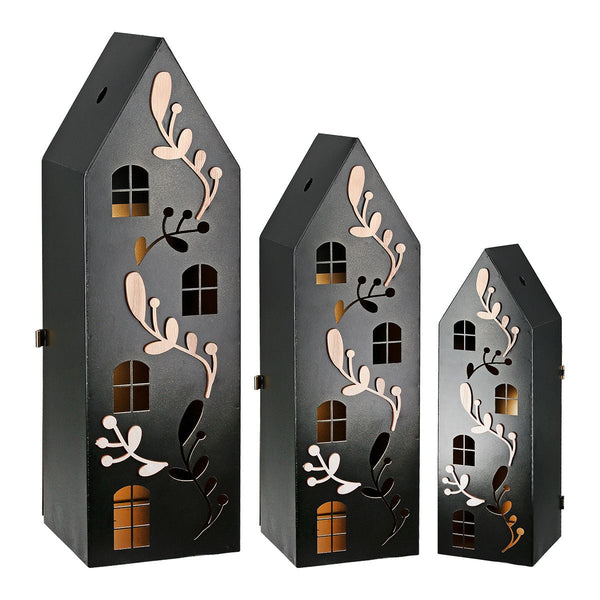 3-piece lantern set houses with tendril motif - metal and wood in black