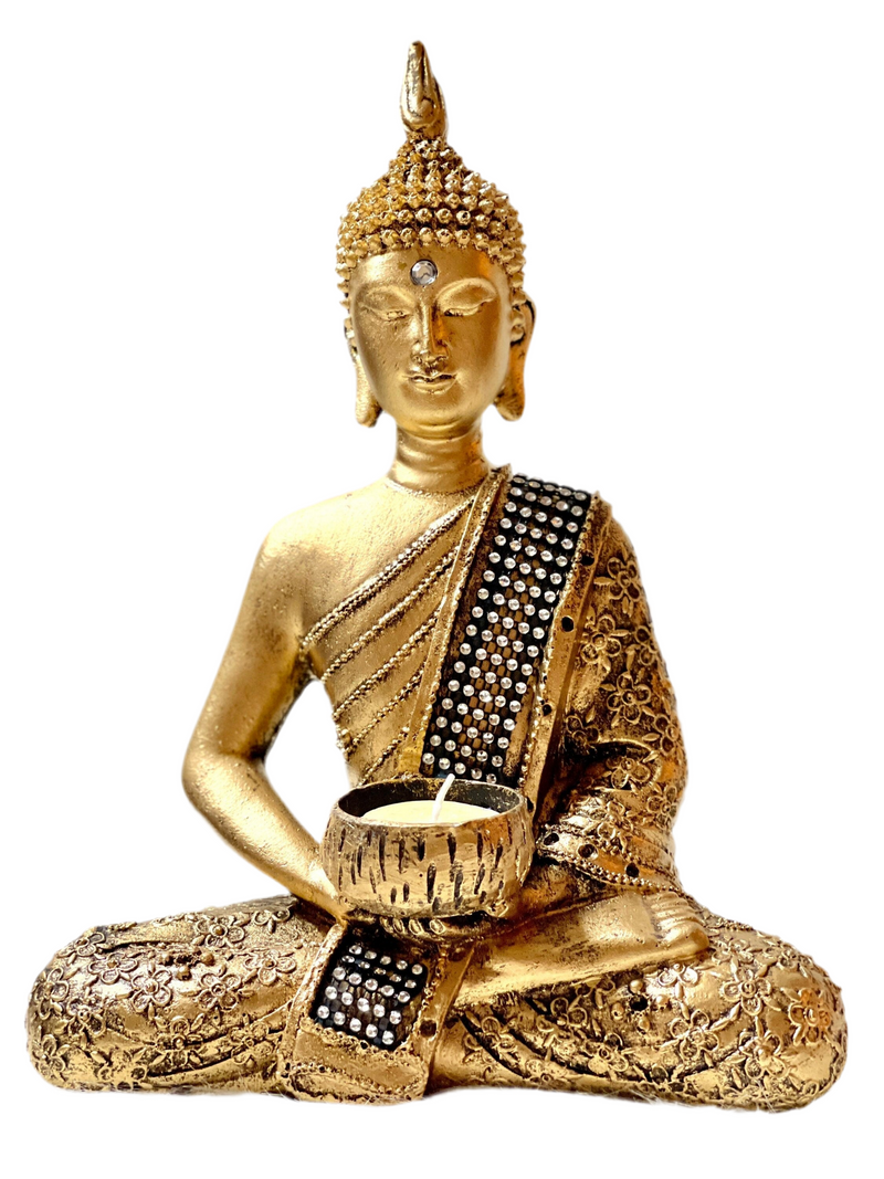 Buddha Teelichthalter Figur Deko Buddhismus 26,5cm in Gold oder Silber