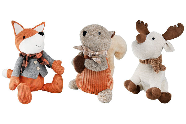 Decorative set of 3 doorstops "Forest Animal Trio": squirrel, moose and fox in natural colours and orange