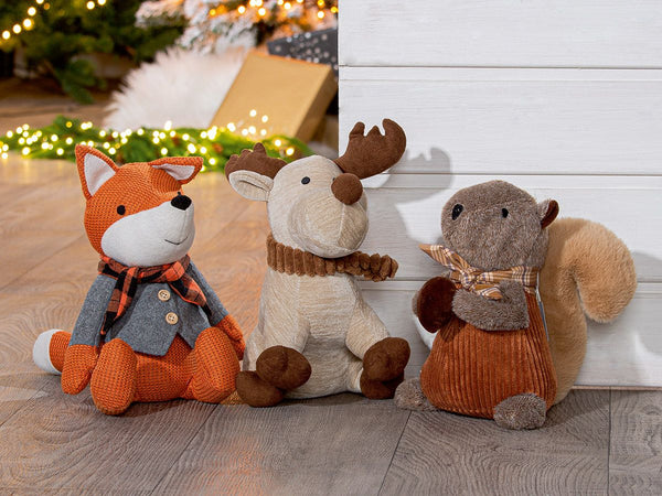 Decoratieve set van 3 deurstoppers "Forest Animal Trio": eekhoorn, eland en vos in natuurlijke kleuren en oranje