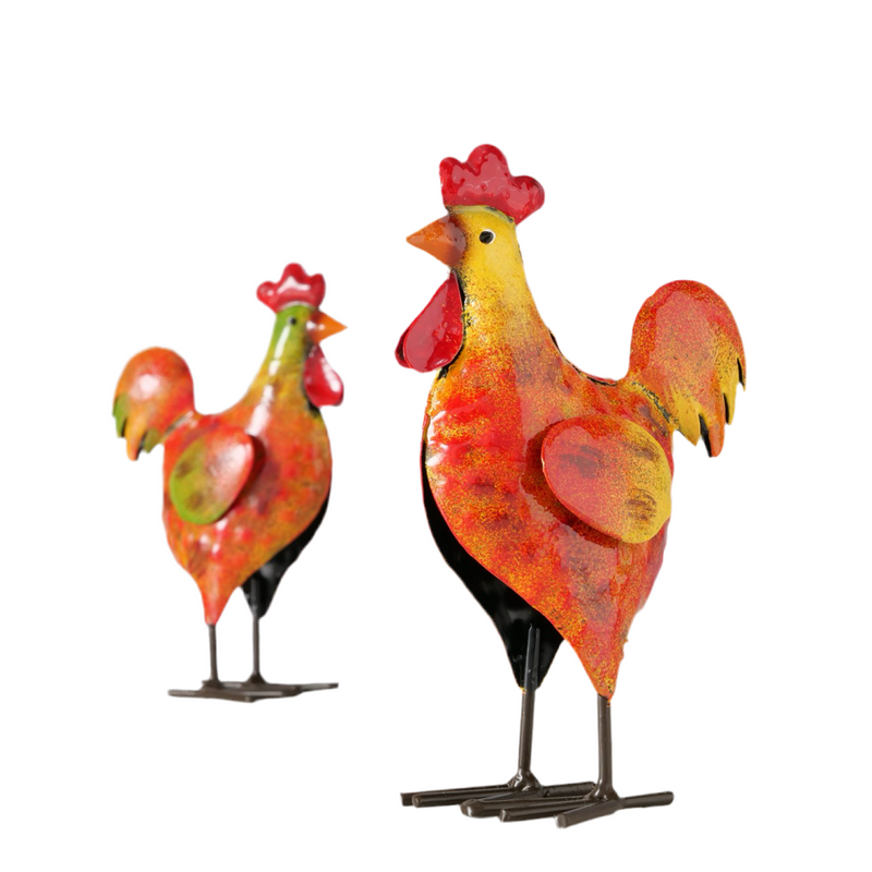 Decorative Chickens Made of Metal Handmade Colorful Set of 2