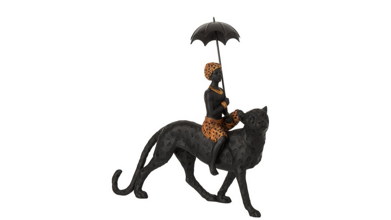 Dekorative Skulptur 'Leopard mit Jungem und Regenschirm' in Schwarz und Braun – 35 cm hoch