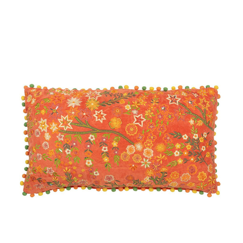 Floral decorative cushion in orange velvet orange