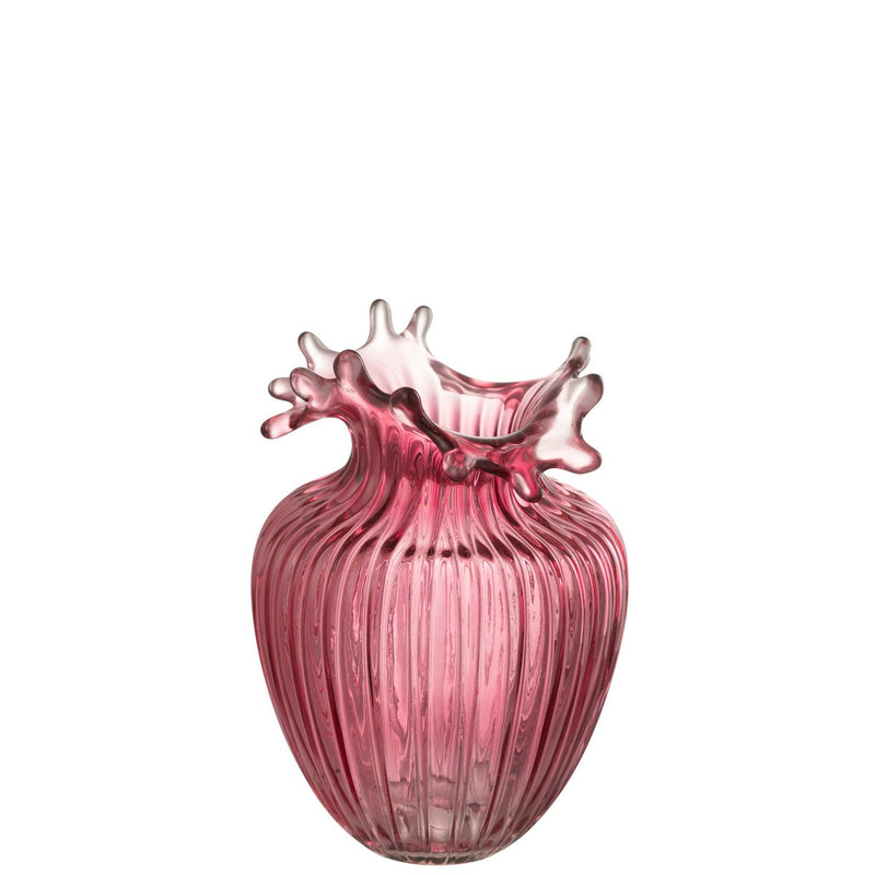 Small glass vase with flower rim and lines – dark pink, 21 cm