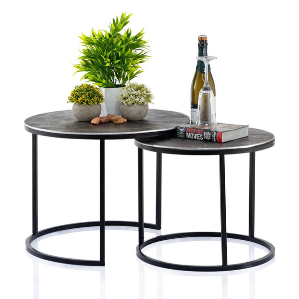 Salontafelset 2 stuks ø 55 en 45 cm bijzettafel zilver metalen tafels rond Carlton woonkamer