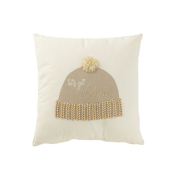 Decorative cushion Let's Get Cozy with hat design, cotton white/beige