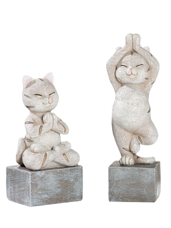 2er Set Figuren - Yoga Katze 'Kitten', 2fach Sortiert, Grau auf Base