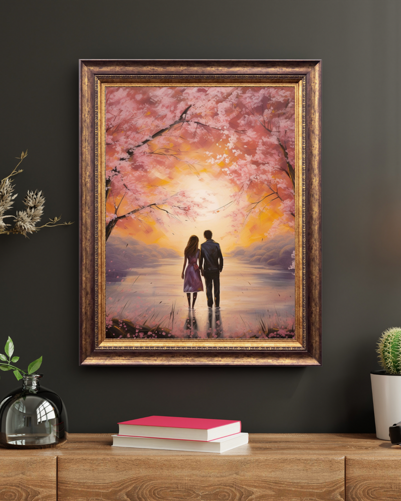 MF Romantic Canvas Wall Art - Couple in love under a cherry blossom tree