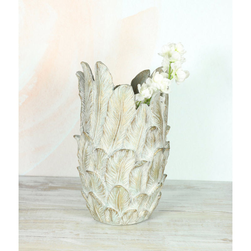 Poly-Vase mit Federdesign, 22,5 x 22,5 x 37 cm, grau/gold - Elegante Dekovase für stilvolle Akzente in Ihrem Zuhause