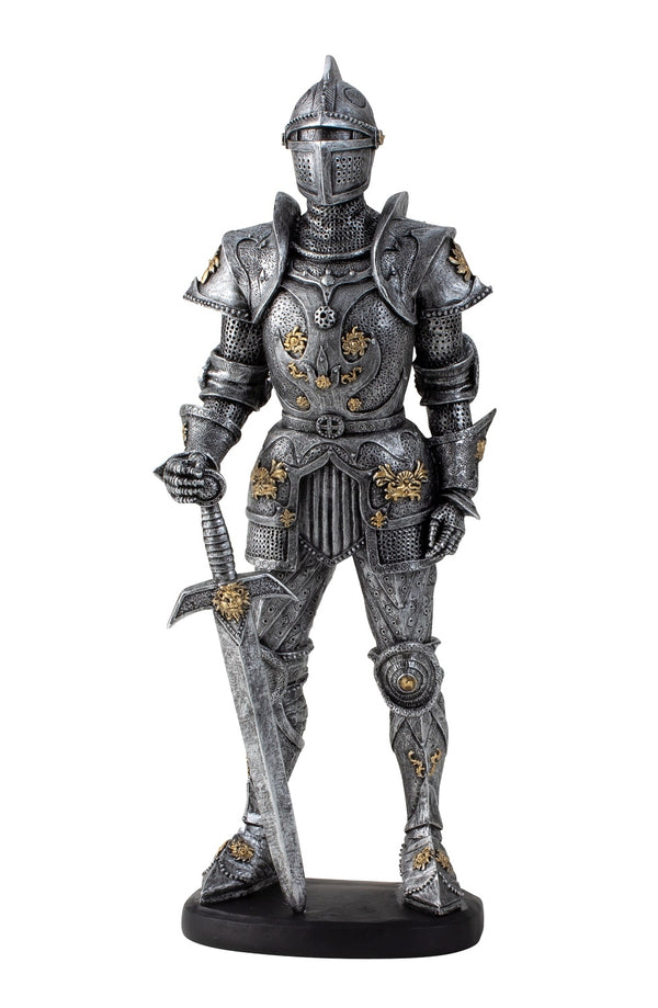 Decorative knight statue in silver look – height 39 cm