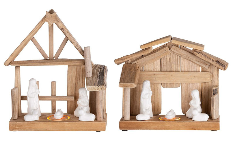 Rustic set of 2 LED wooden nativity scenes - handmade with Mary &amp; Joseph figures