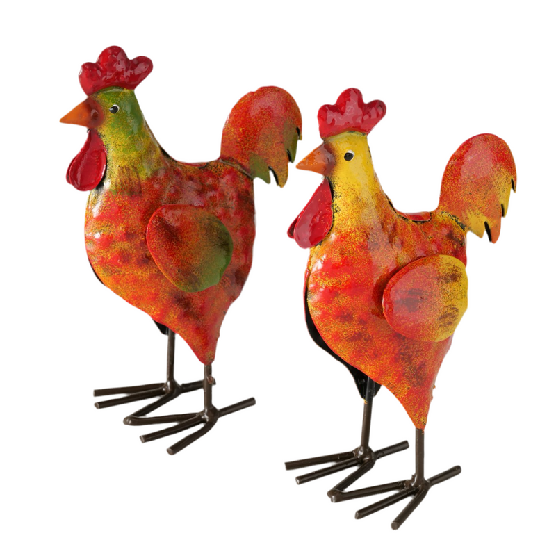 Decorative Chickens Made of Metal Handmade Colorful Set of 2