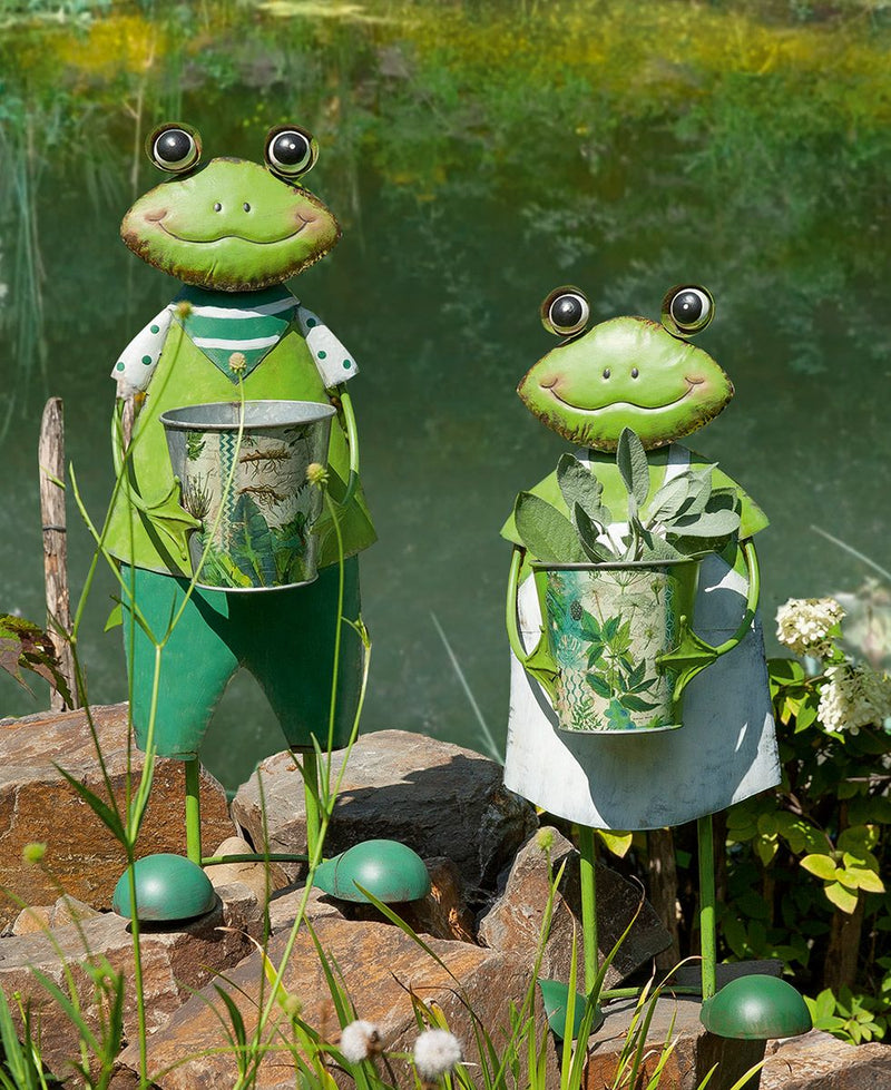 Metal plant pot set 'Franz &amp; Frida', handmade pair of frogs with plant motif