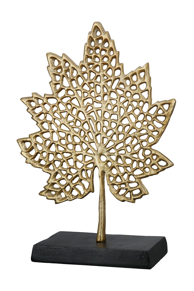 Elegant aluminum sculpture 'Leaf' in two sizes - gold-colored artwork with a black base