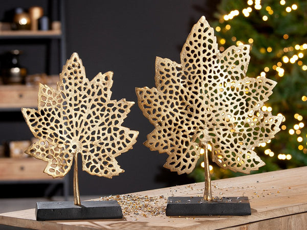 Elegant aluminum sculpture 'Leaf' in two sizes - gold-colored artwork with a black base