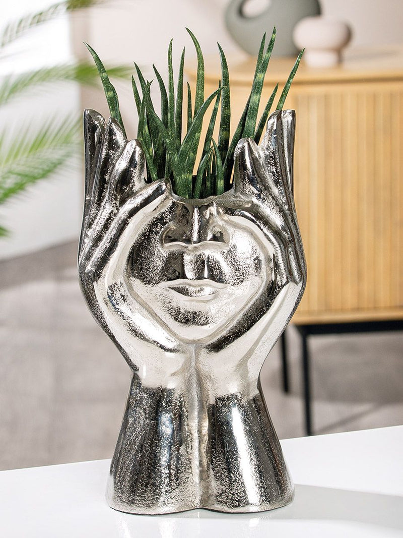 Aluminium 'Pose' Gezichtsvaas - Creatieve handpose met gezichtsmotief 