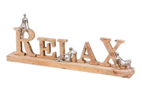 Wooden lettering 'RELAX' with 3 aluminum figures - decorative work of art for relaxation and harmony