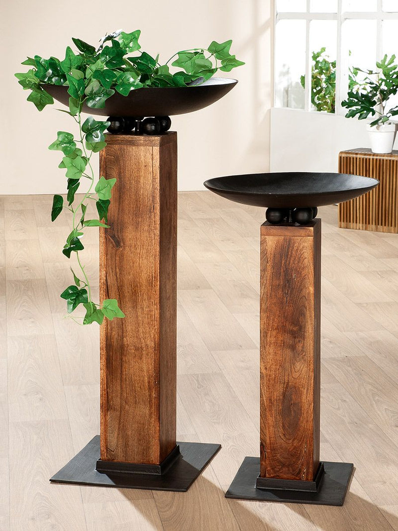 Timber bowl stand made of mango wood and aluminum in anthracite