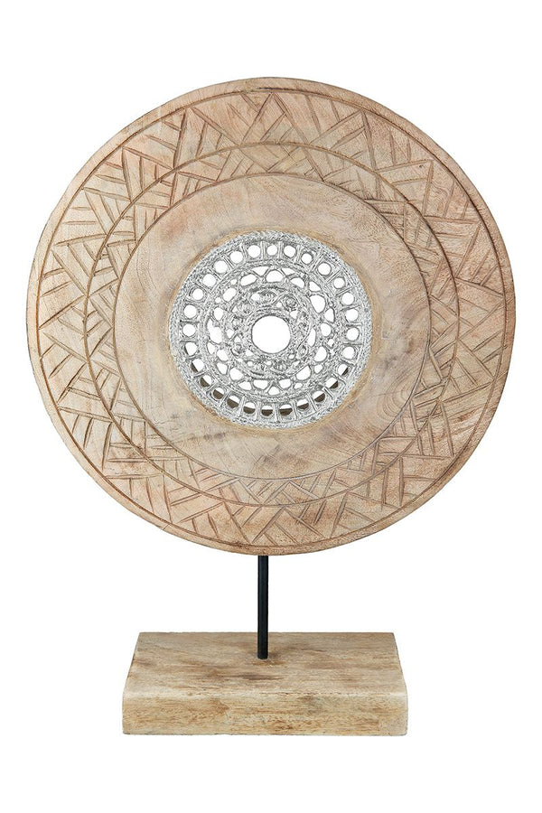 Handcrafted Mango Wood Sculpture Wheel - Natural Silver Color 