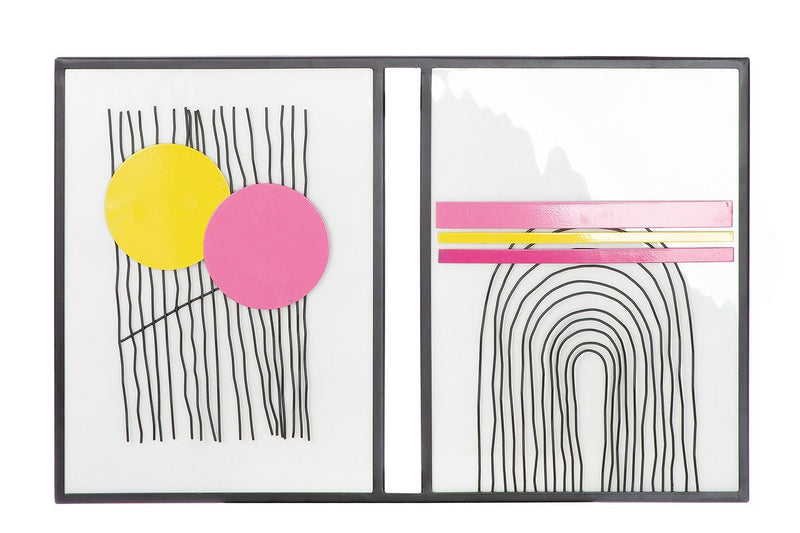 Modern picture in yellow pink black white with black metal frame