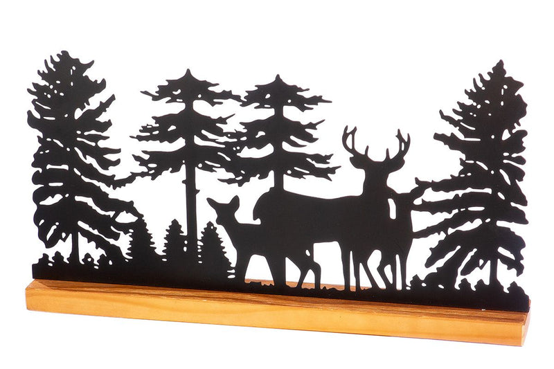 Set van 2 staande reliëfs "Hert in het Bos" - metalen kunst op houten voet, donkerbruin/naturel