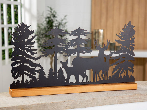 Set of 2 standing reliefs "Deer in the Forest" - metal art on a wooden base, dark brown/natural