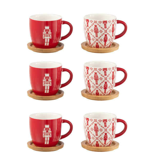 Kaffeetassen Set 6er Nussknacker Design mit Bambus Untertassen 90 ml