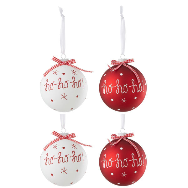 Set van 4 kerstballen met "Ho Ho Ho" en sneeuwvlokken in rood en wit - 10 cm, glas