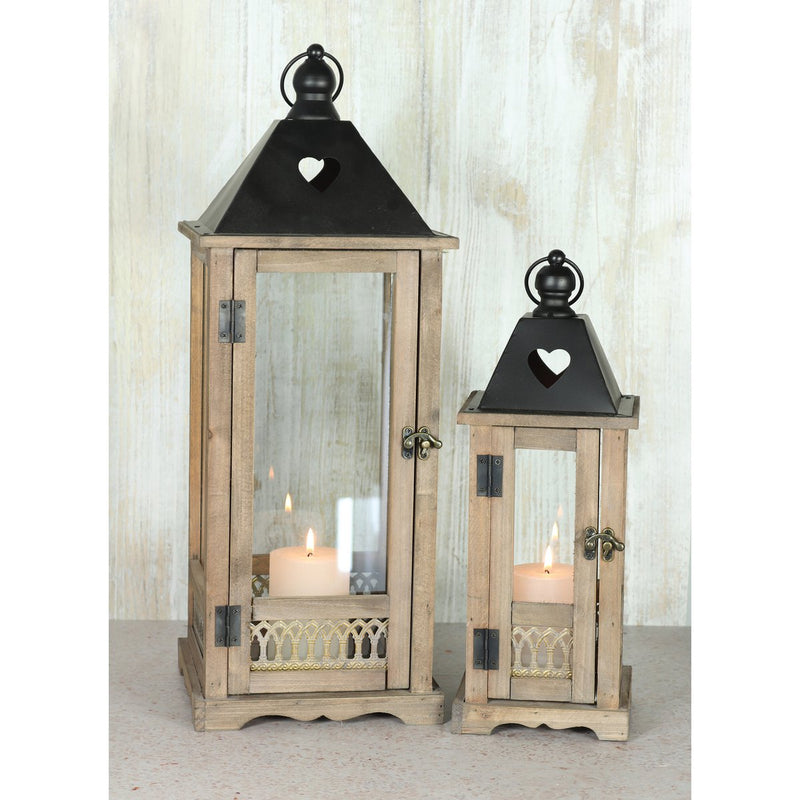 Wooden lantern set with metal roof, 14.5 x 39 cm + 21 x 55 cm, brown - Stylish wooden lanterns for cozy evenings