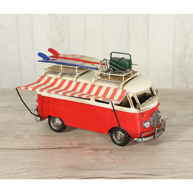 Metal Bulli with awning, 27 x 11 x 17cm, red - Decorative model car for collectors and enthusiasts