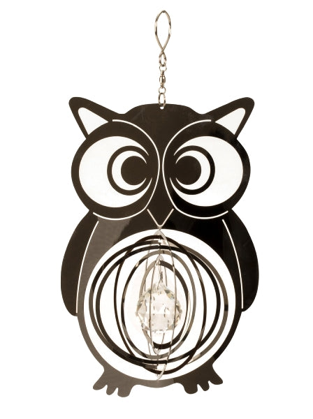 Stainless steel owl hanging decoration with crystal, 20 cm, silver