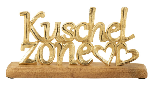 Schriftzug Kuschelzone mit Herzen auf Holzsockel Gold 2 Größen