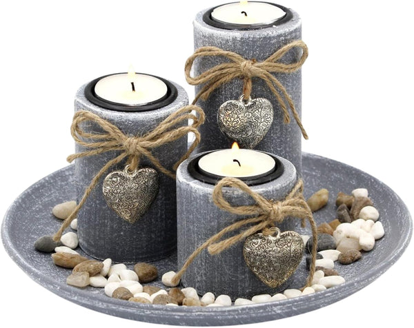 Round wooden decorative bowl with 3 candle holders and decorative stones - MF: Stylish accessory for a cozy ambience