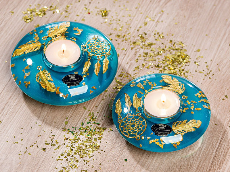 Set of 6 tealight candlesticks UFO Mini "Golden Boho" - turquoise and gold