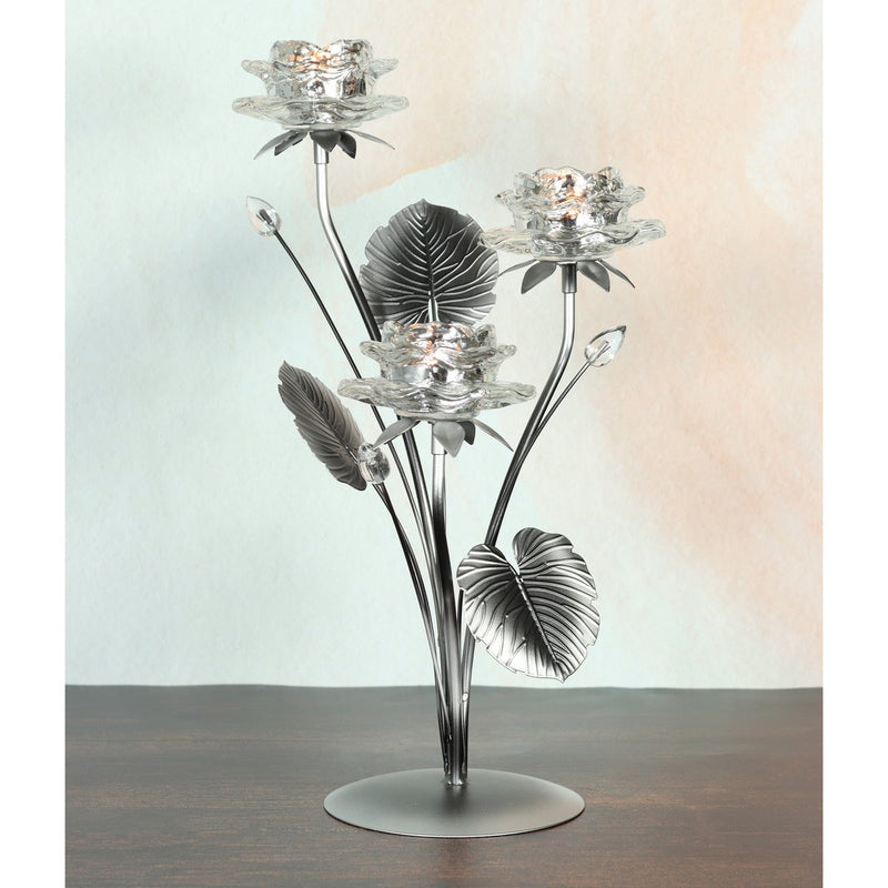 Dekorativer Glas-Teelichthalter Blume für drei Teelichte, 23 x 20 x 40 cm, silber- Für stilvolle Akzente