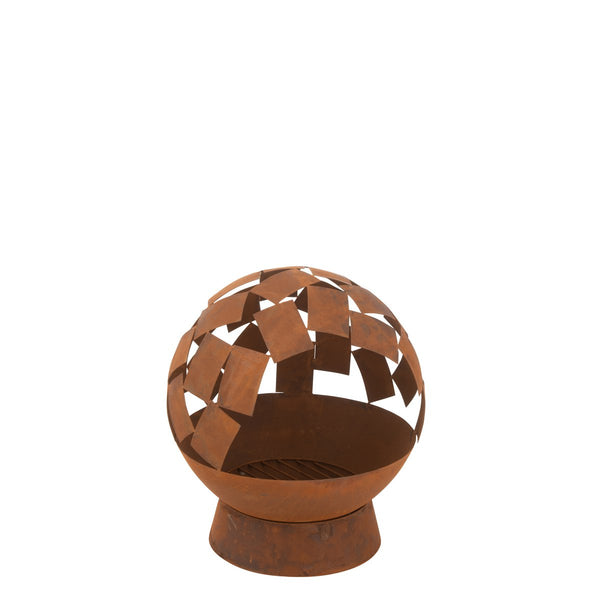 Rust-colored iron fire basket in abstract design