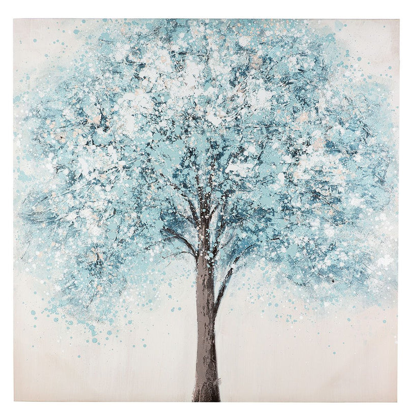 Wood/Linen Picture "Bleu Arbre" - Square Wall Art on Canvas, Blue/White/Brown, 90cm x 90cm