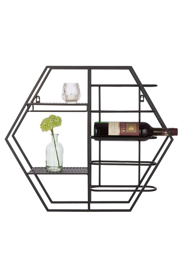 Wine rack metal black for 5 bottles with wine glass holder