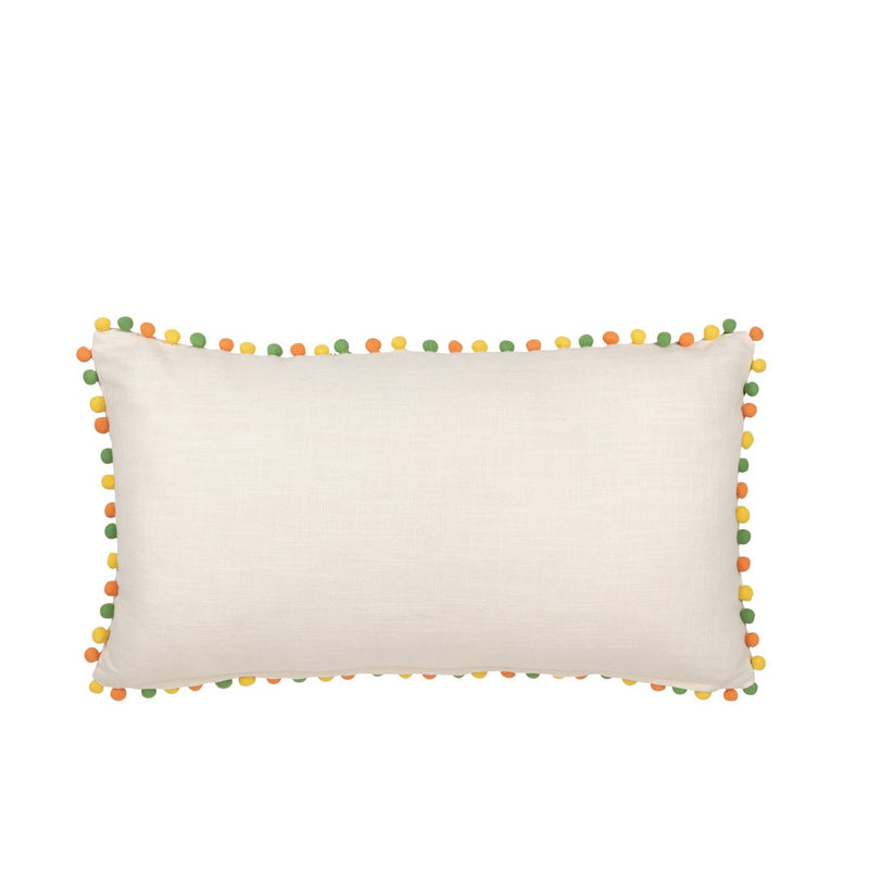 Cushion Rectangular Flowers + Pompoms – Cotton – White/Orange