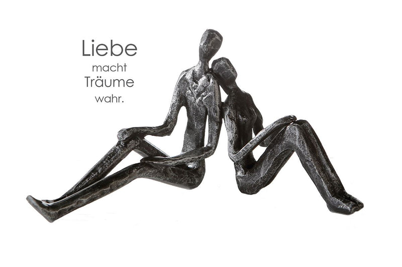 Exclusive Skulptur Dream Träumendes Liebes Paar aus Eisen silberfarben antik finish mit Spruchanhänger Liebe macht träume wahr