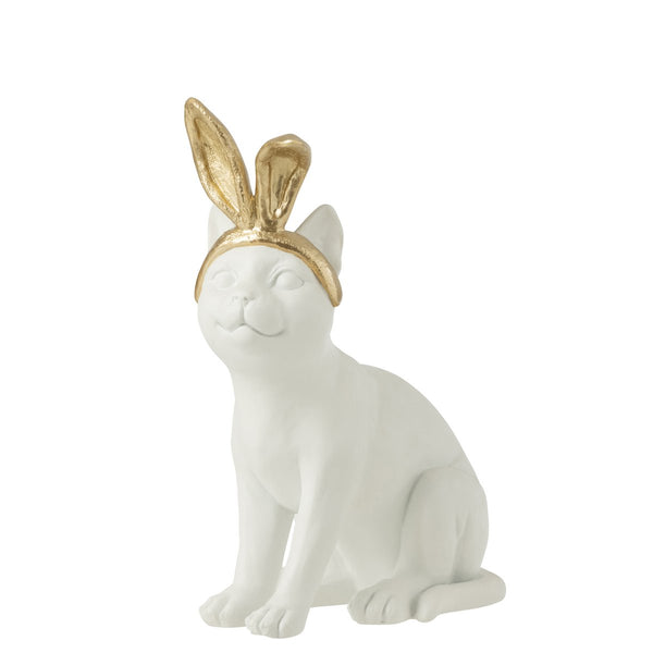 Osterdeko Katze mit Hasenohren aus Polyresin Gold Weiß 28 cm