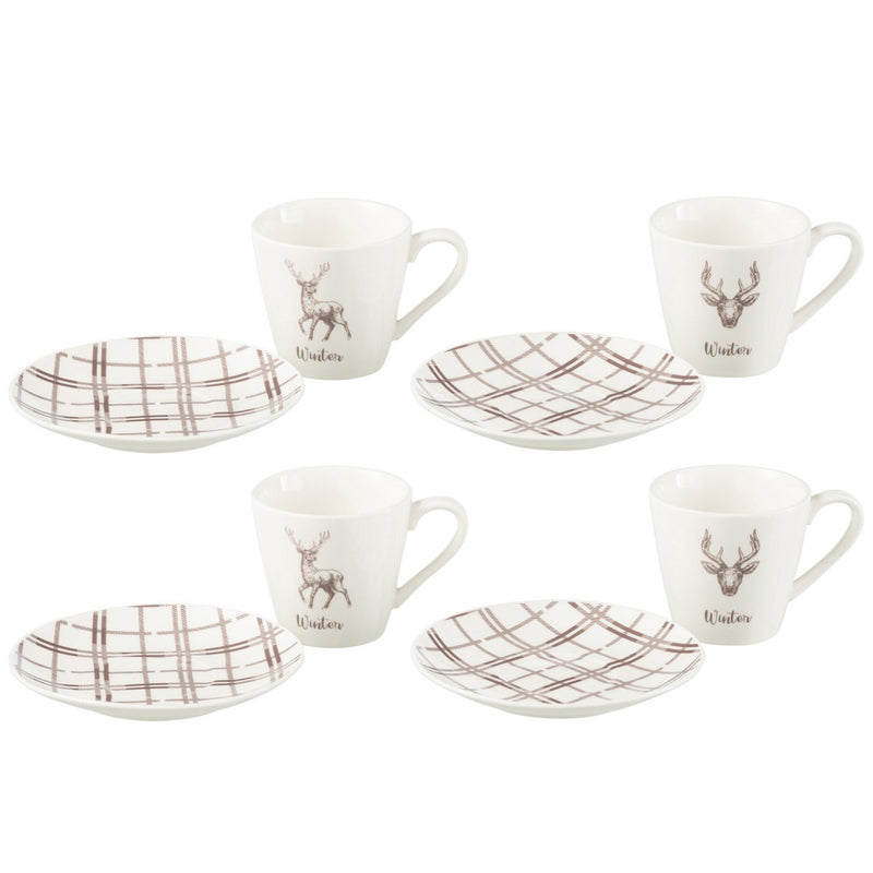 4er Set Teetassen und Untertassen Rentier Design Weiß Braun