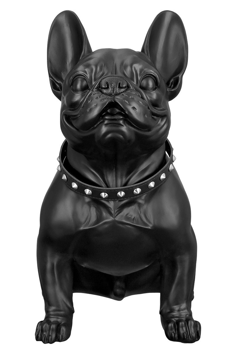Imposante Poly Figur 'Bulldog', Schwarz Matt mit Nietenhalsband - Sitzend
