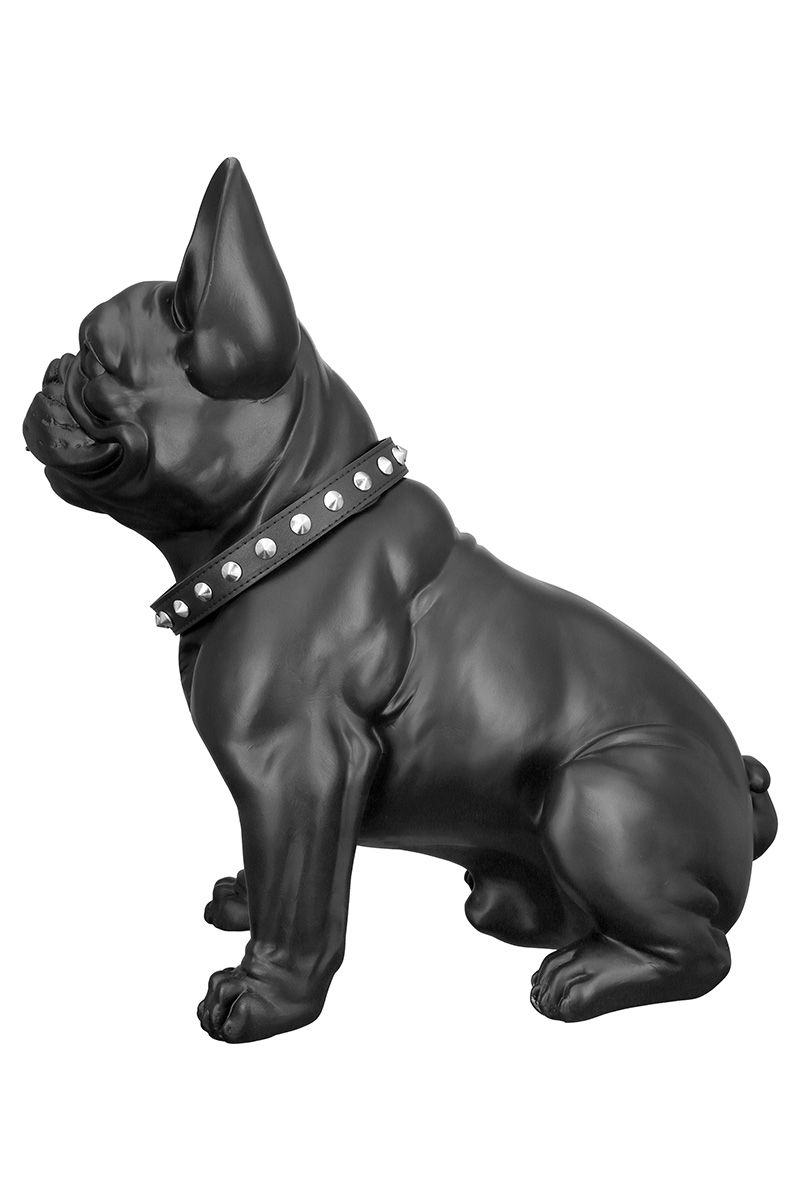 Imposante Poly Figur 'Bulldog', Schwarz Matt mit Nietenhalsband - Sitzend